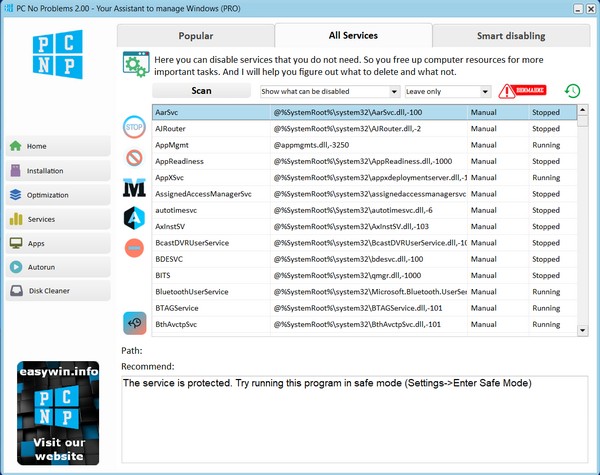Screenshot of the function of manual disabling of PC services without problems