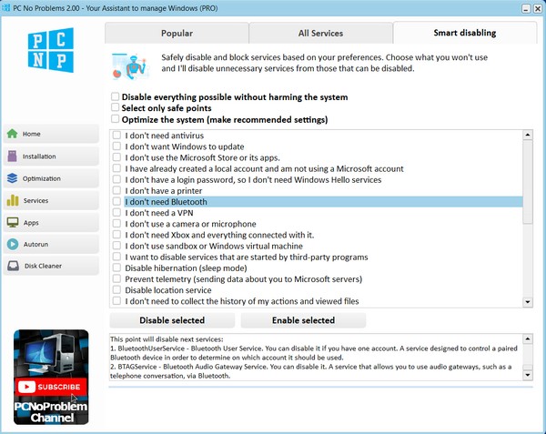 Screenshot of the smart shutdown function for PC services without problems
