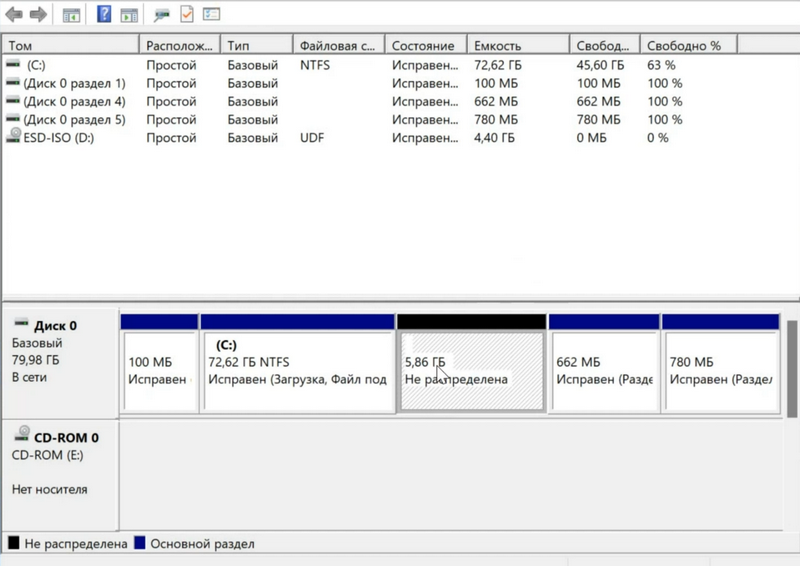 создание нового тома для раздела под установщик виндовс
